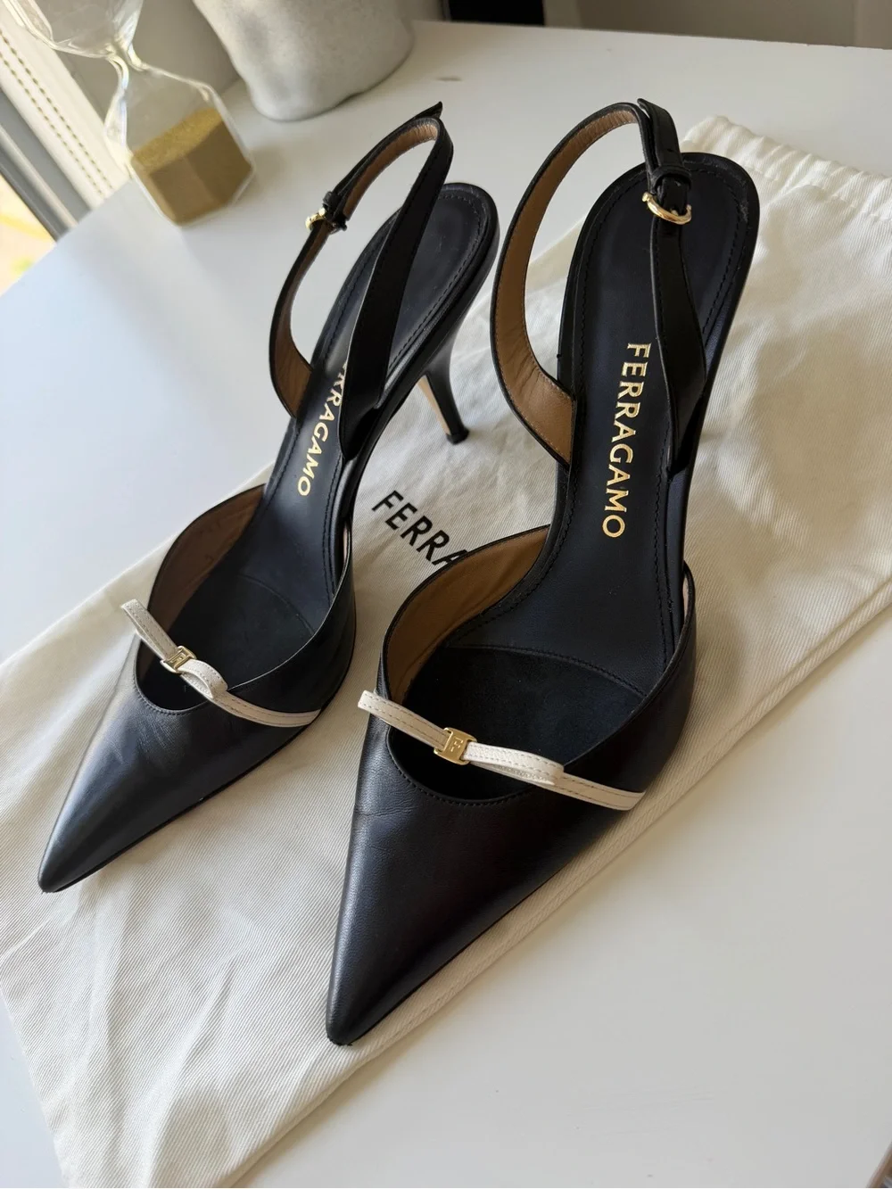 Salvatore Ferragamo Black Leather Pointed Slingback Pumps with Cream Bow